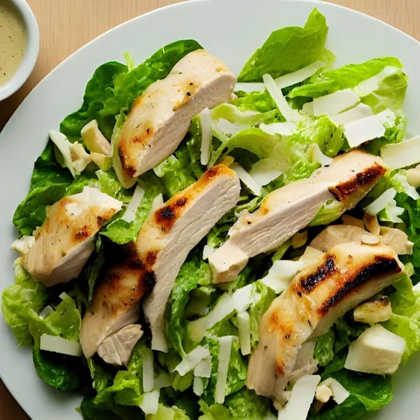 Grilled chicken Caesar salad with parmesan cheese and dressing on a white plate.