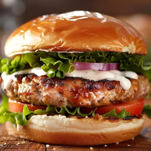 Mother Hubbard's grilled chicken burger with lettuce, tomato, red onion, and white sauce on a bun.